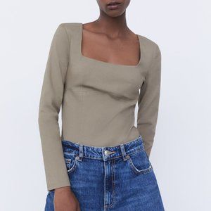 ZARA SQUARE NECK BODYSUIT BROWN / TAUPE - XS - NWT